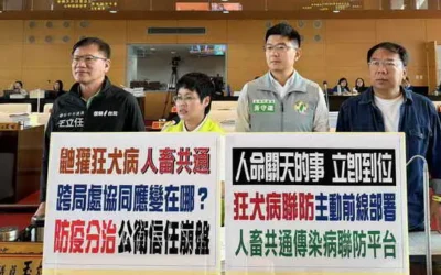 張玉嬿、謝志忠、王立任、黃守達議員質詢指出狂犬病是人畜共通傳染病,市府卻呈現「農業局只管動物,衛生局只管人」的分治亂象