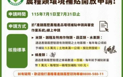 115年度產銷履歷環境補貼7月1日開跑！請農產品經營者把握時間申請