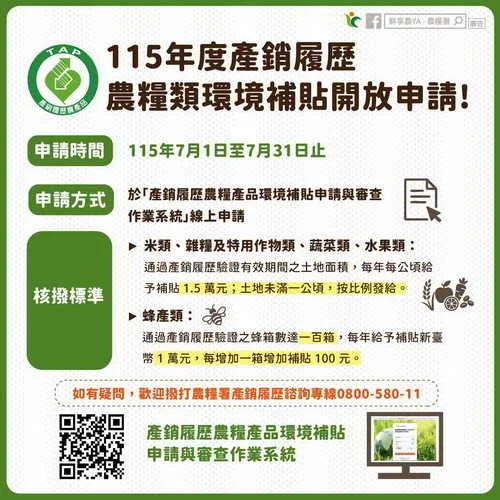 115年度產銷履歷環境補貼7月1日開跑1