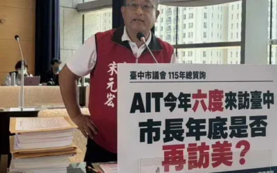 台中市議員朱元宏於市議會總質詢關注AIT互動密切　朱元宏問：市長年底還會再出訪嗎？