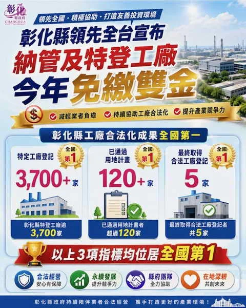 彰化縣領先全台宣布納管及特登工廠今年免繳雙金