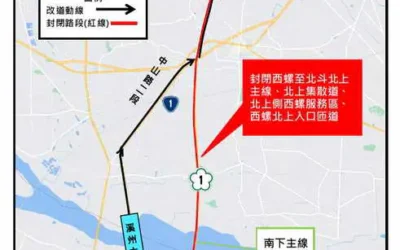 國道1號北上主線西螺至北斗路段進行交通管制封閉