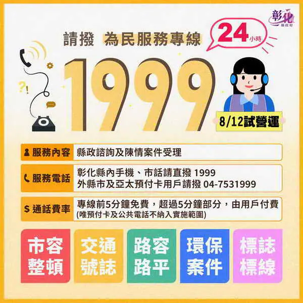 彰化縣1999為民服務專線試營運正式開通